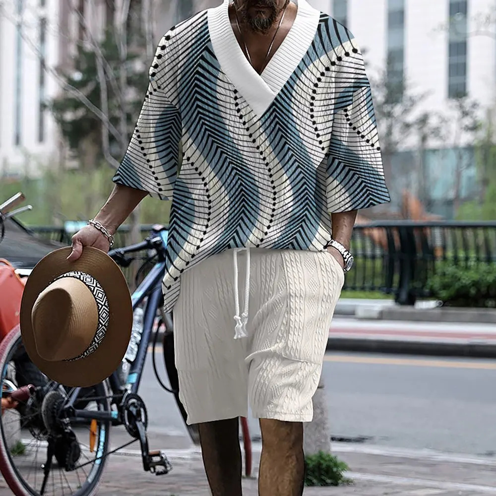2024 Summer 3D Printed Loose Size Casual Style Plus Vneck Knitted Mens Tshirt Two Piece Set 250326