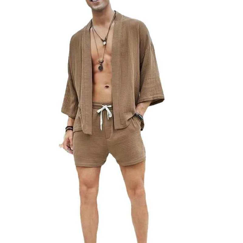 Mens set summer casual loose solid color cardigan wool sweater mens two-piece sports sweaterXJ250326