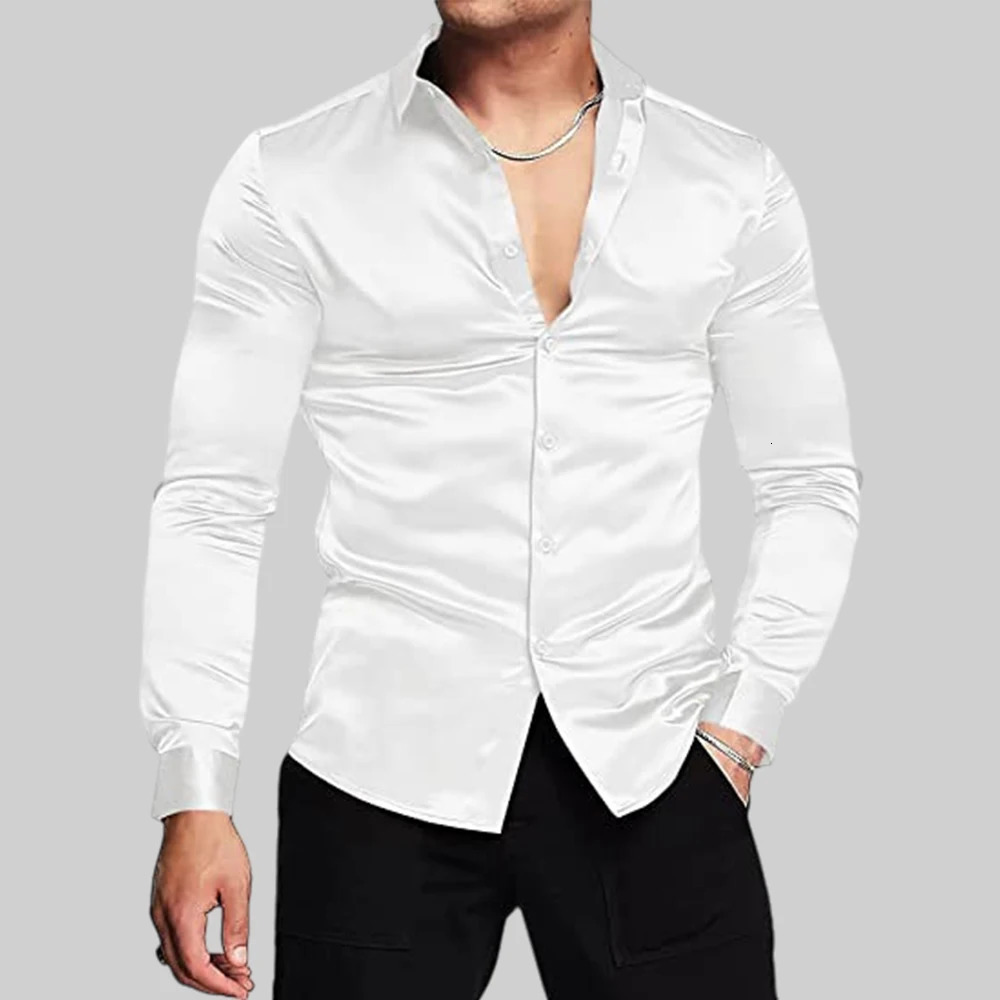 Mens Shiny Lapel Silk Satin Dress Shirts Long Sleeve Fashion Disco Prom Blouse Slim Fit Muscle Button Tuxedo Shirt 250326