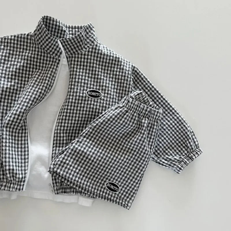 Plaid Summer breathable Jackets Girls Fashion Thin Coats Children Zipper Top Clothes Loose Shorts Outerwear for 1-7Y 250326