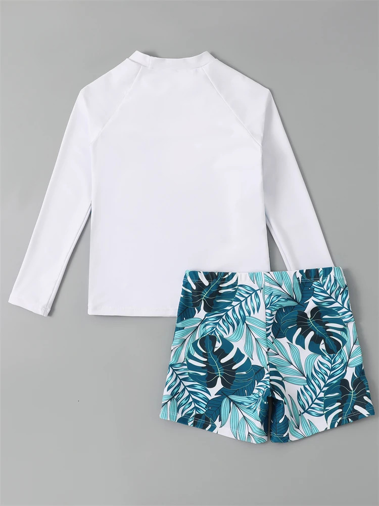 Boy Swimsuit 2025 Solid And Print Long Sleeve Children Swimwear Summer Kids Beach Wear Shorts Swimming Bathing Suit For Men 250326