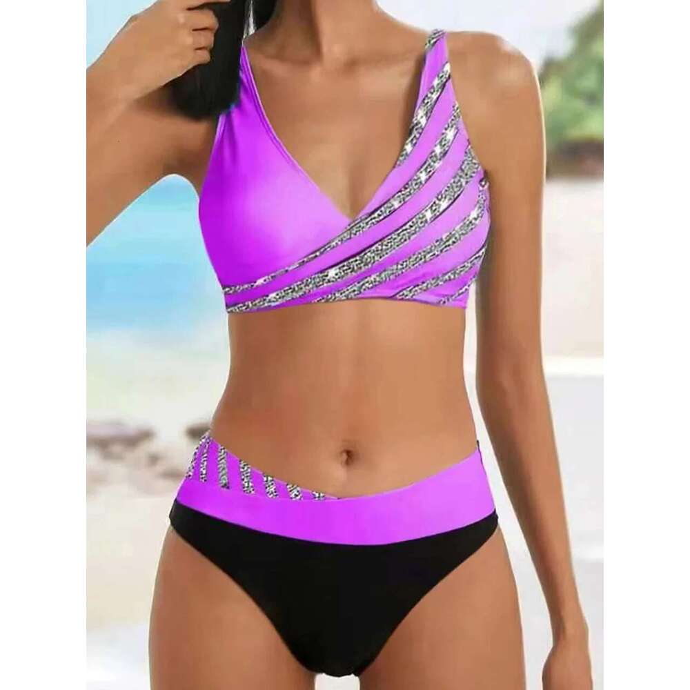 Bikini V Neck Set 2025 Women Stripe Print Patchwork Swimwear Summer Beachwear Swimsuit Female Bathers Bathing Swimming Suit 2XL