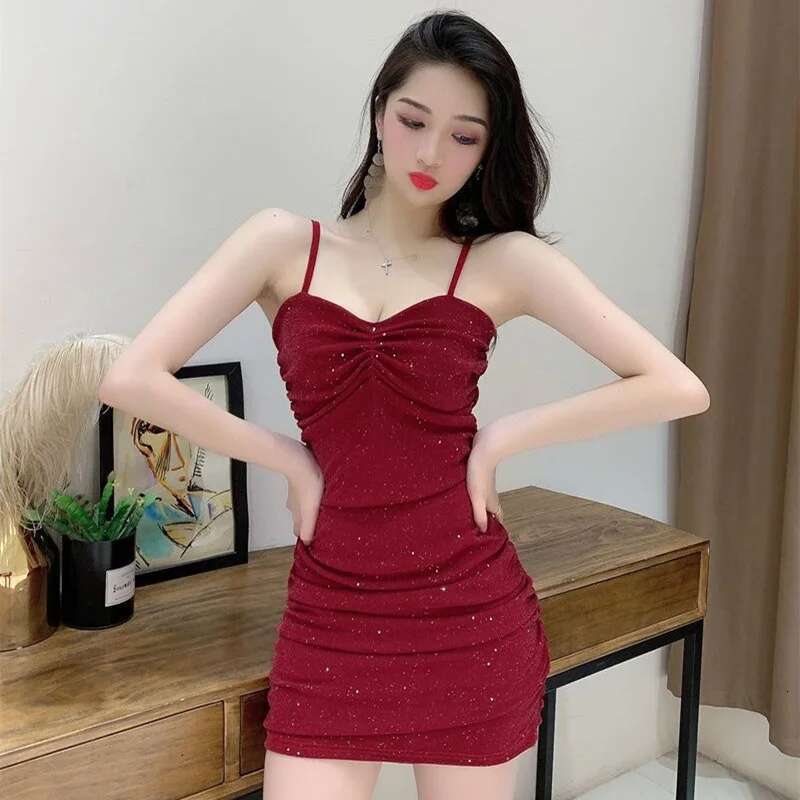 Sequin Sparkly Camisole Sexy Women Party Lady Fashion Wine Red Sleeveless Slim Fit Female Nightclub Backless Dress