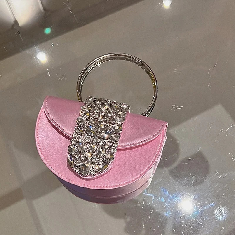 Womens Sparkling Crystal Satin Handbag ner y Diamond Pink Evening Ring Clutch Wallet Wedding Party Fashion 250326