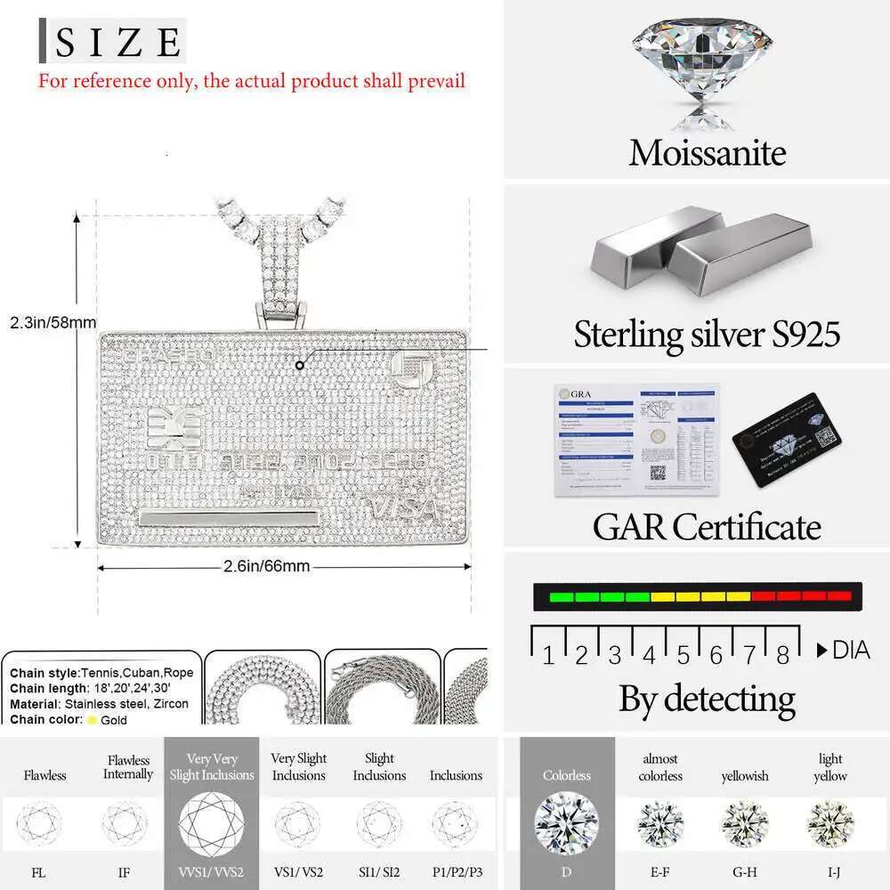 Personalized Custom Your Own Credit Card Pendant Solid 925 Sterling Silver Vvs Moissanite Iced Out Hip Hop Jewelry Men Chain