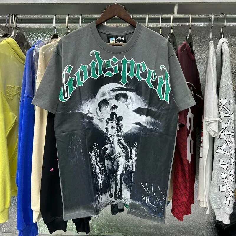 Gothic punk Harajuku pattern top men s American skull print oversized T shirt summer casual cotton short sleeved streetwear