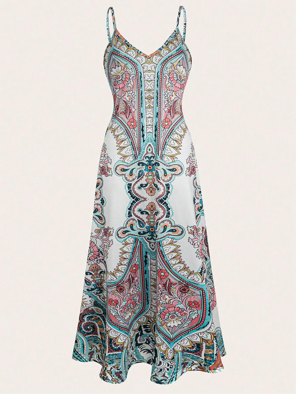 Summer womens printed camisole dress long adjustable waistband side pockets stylish and elegant suitable for beach vacations 250324