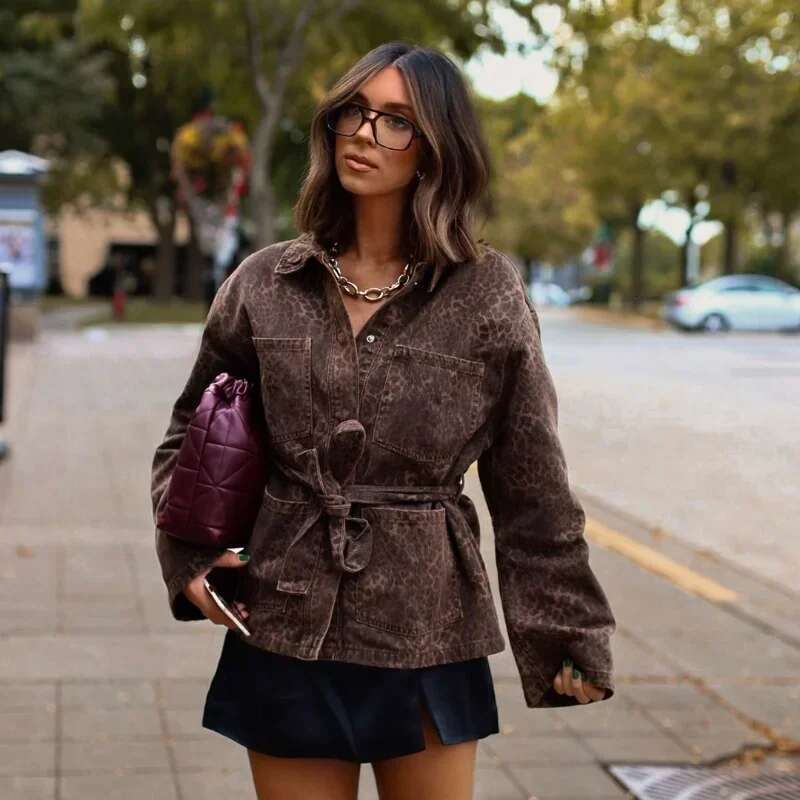 Women's Coat Woman Leopard Print Lapel Lace Up Jacket Casual Long Sleeve Pocket Coats New Autumn Lady High Street Office Outerwears