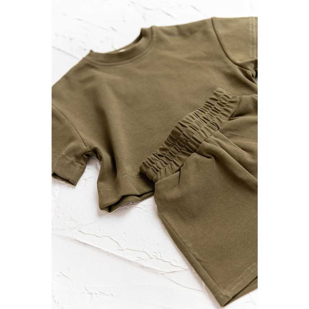 Preschool and childrens clothing fashion summer clothing set short sleeved solid color top short sleeved 2PCS casual childrens clothing setT250327