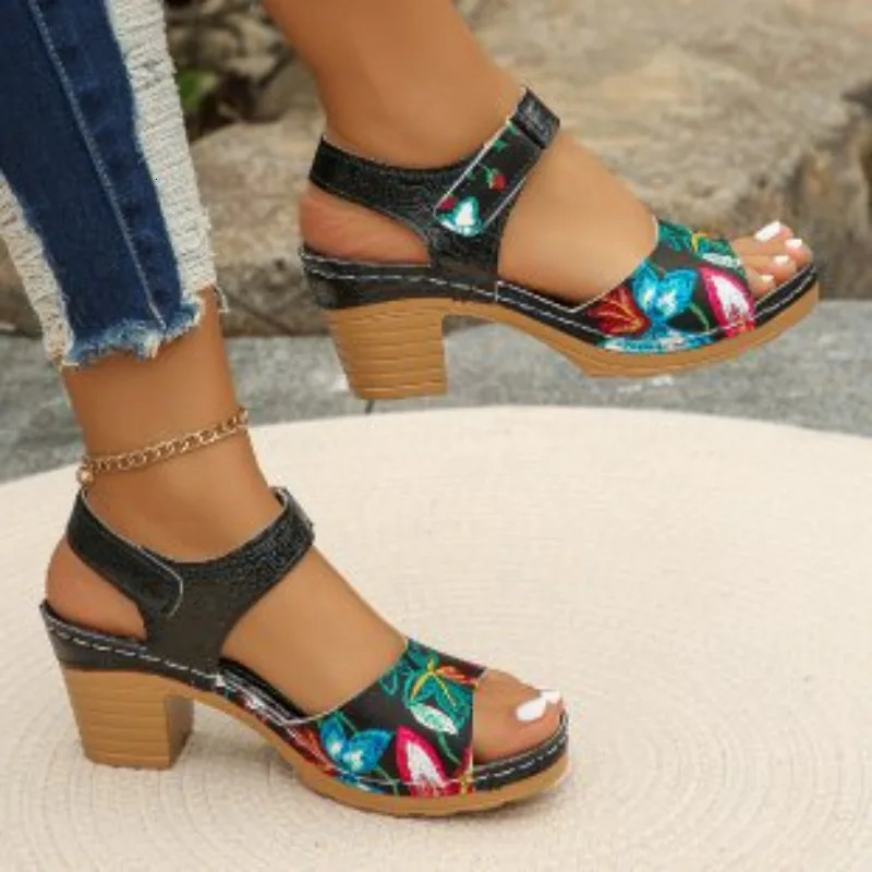 Womens Peep Toe High Heels Sandals Summer Gladiator Shoes Thick Platform Flower 250317