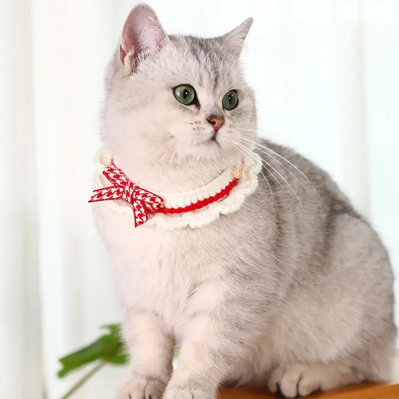 cute bowknot handknitted saliva towel kitten cat puppy adjustable collar pet decorative dog cat collar pet