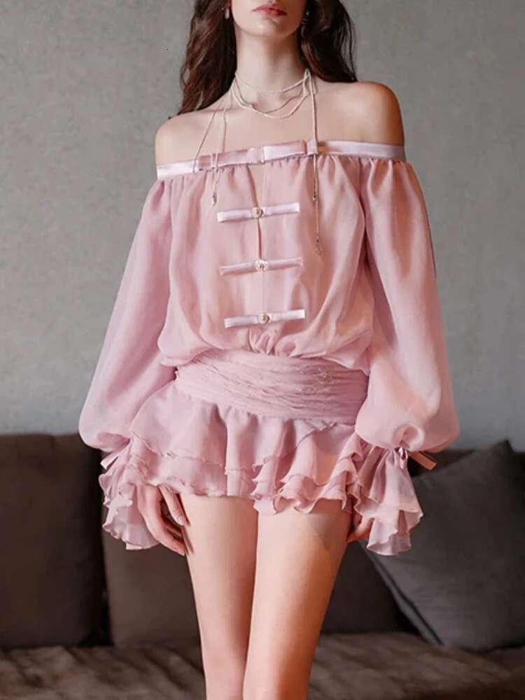 Sexy Women Slash Neck Long Sleeves Off The Shoulder Hollow Out Bow Mini Dress Ruffles Slim Dresses Evening Party Tail Club