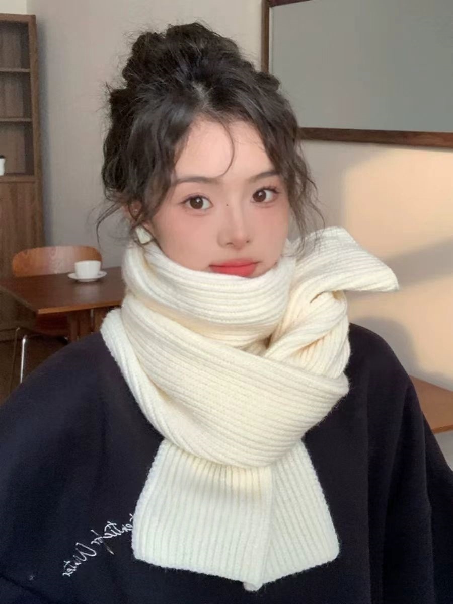 K238 Korean version of the new ins white pure color knitted scarf winter women's soft atmosphere student wool warm neck scarf