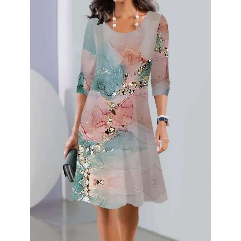 Dongdumaoyi Herfst Winter Nieuwe Print Plus Size Lange Mouwen Ronde Hals Midi Damesmode Jurk A