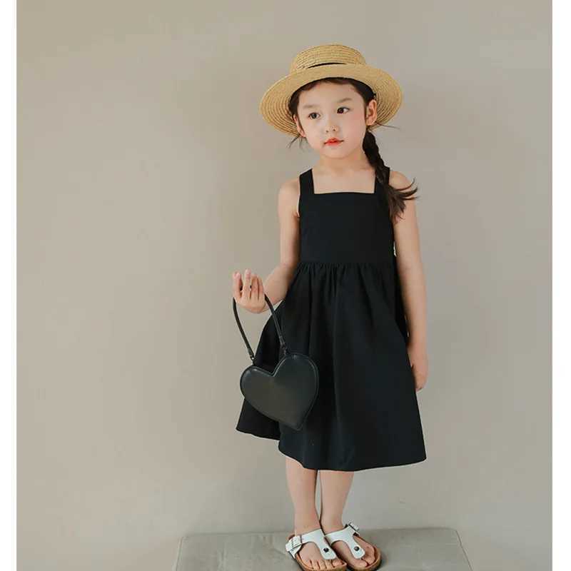Girl lifting summer new childrens Korean solid color thin pure cotton childrens clothing simple casual childrens dress W250326