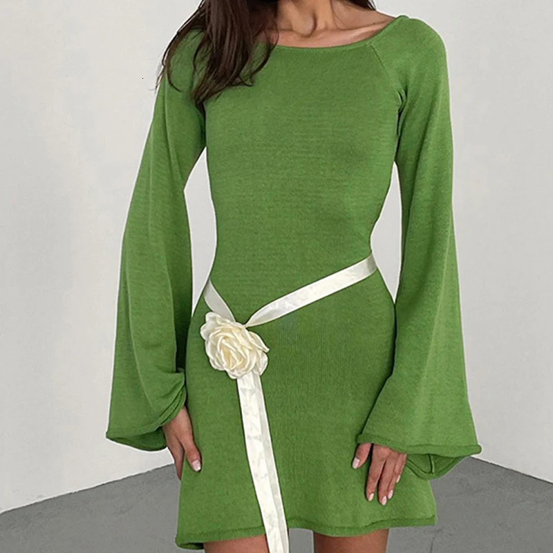 Sexy Backless Round Neck Cover Solid Color Knitted Beach Wear Fashion Horn Sleeve Beach Set Womens Holiday Packaging Dress 250324