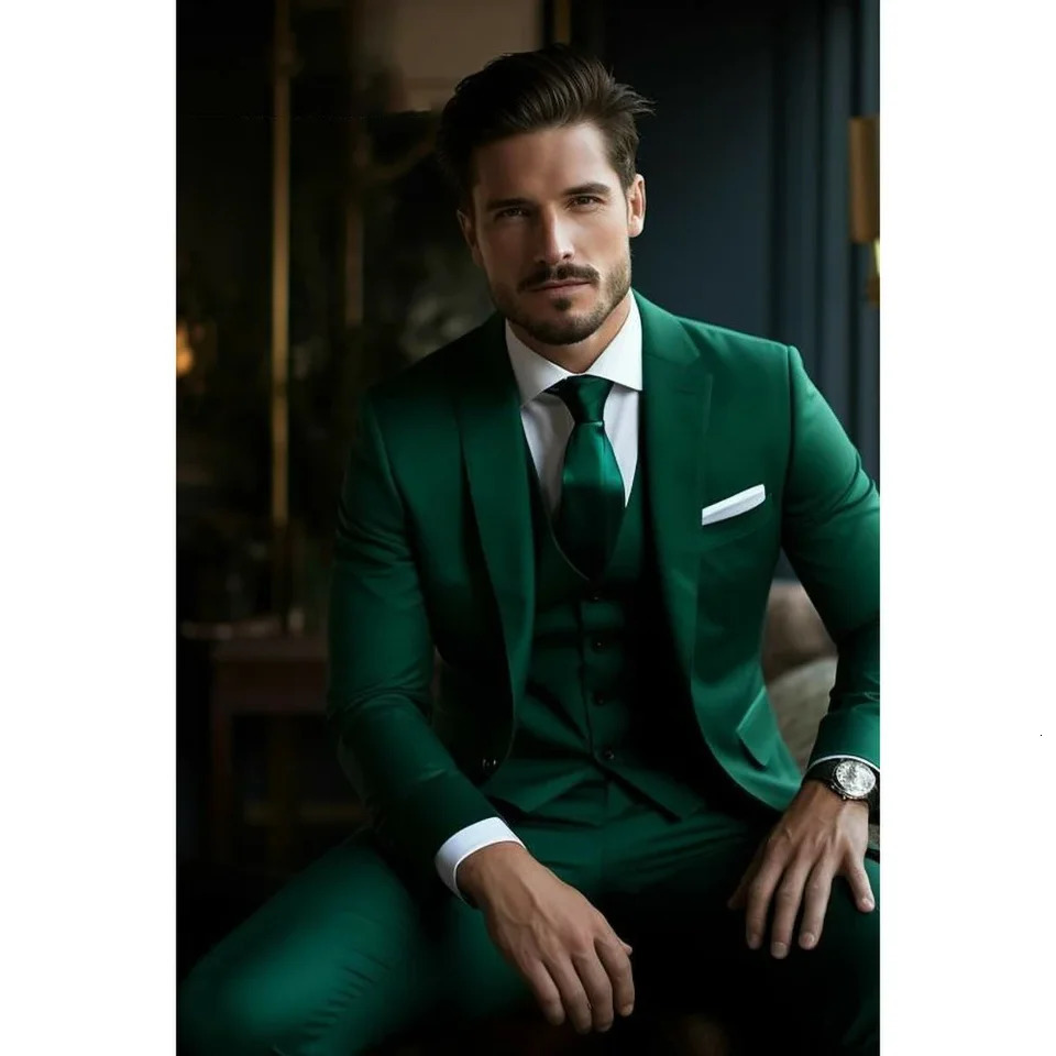 3 pieces of green notch lapel single corset mens formal daily casual slim fit business suit elegant groom wedding dress 250326