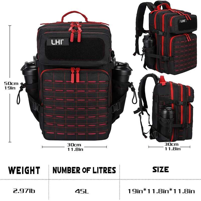 LHI 45L Tactical Backpack For Men And Women Black Red Zipper Spotrs Athlete Gym Bag Outdoor Hiking Rucksack With Bottle Holder