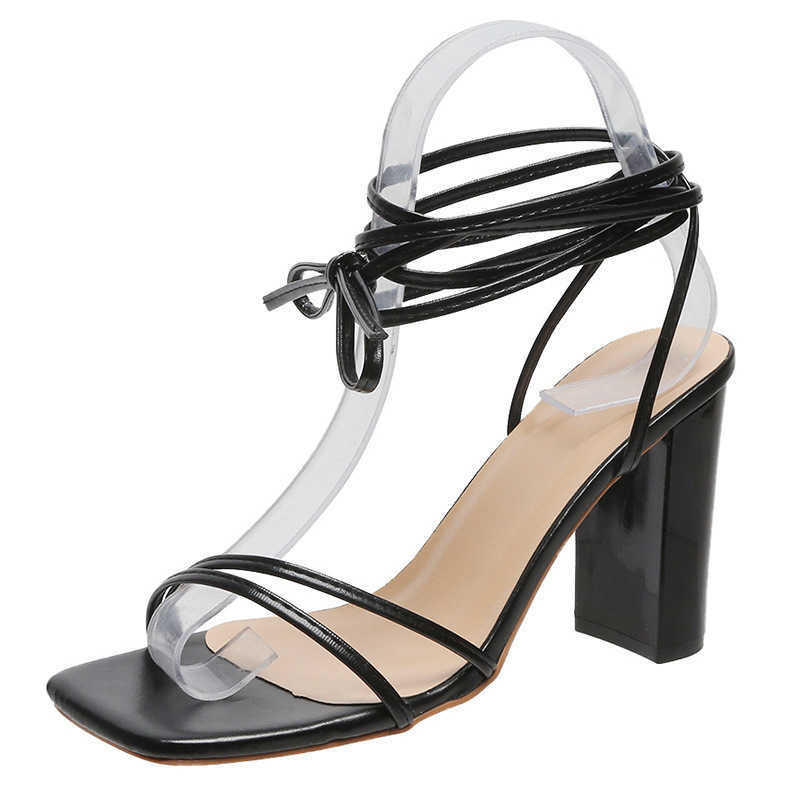 Summer Large Womens Shoes Sexy Square Head Strap Thin Heels Cross Strap Sandals for Women