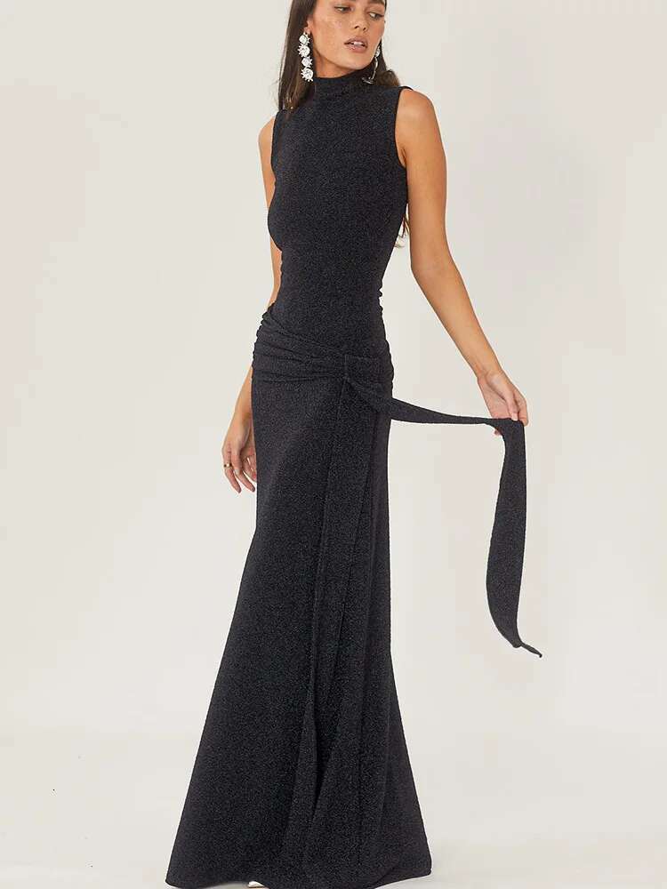 Dongdumaoyi Spring New Fashion Elegant Slim Fit High Neck Sleeveless Patchwork Ribbon Metallic Women Dress