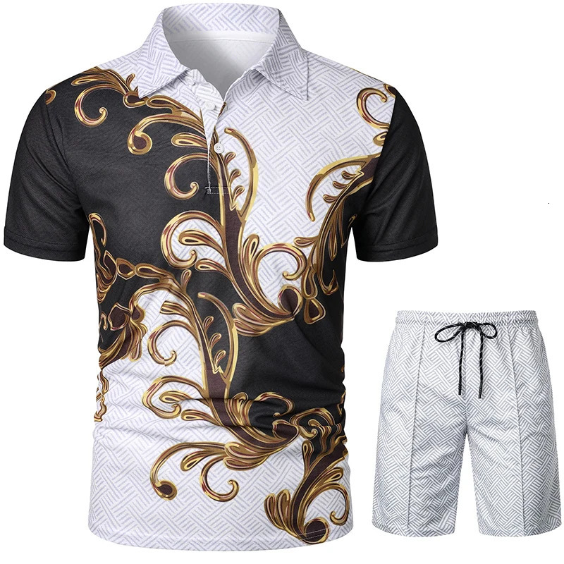 Mens summer fashion casual 3D printed polo shirt collar set 250326