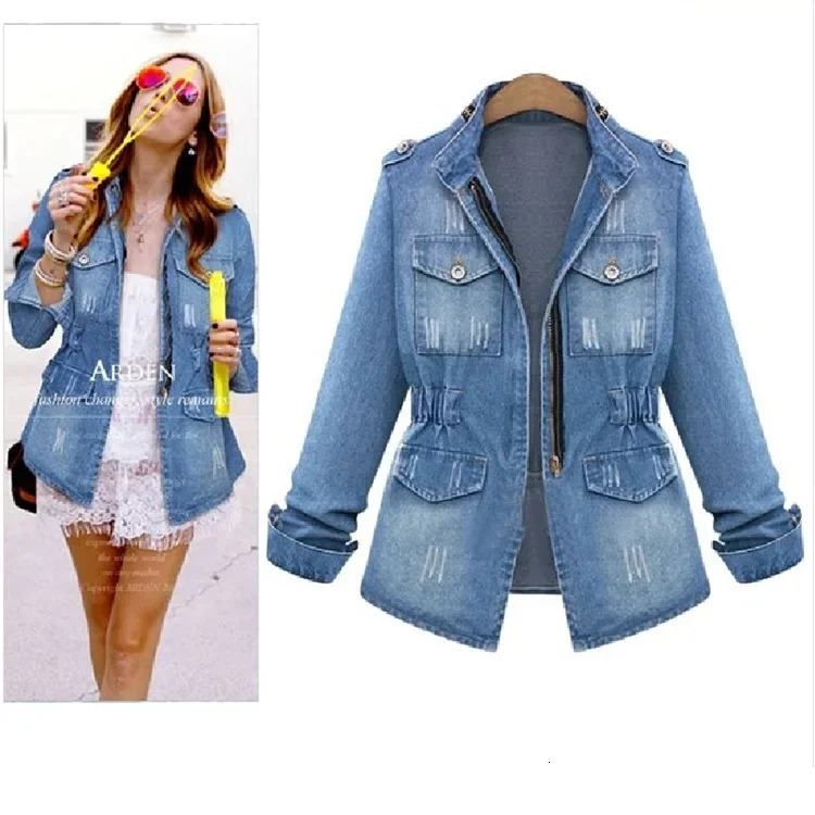 Womens elegant denim jacket summer style slim fit stand up collar smooth silhouette wholesale of womens clothing 250326