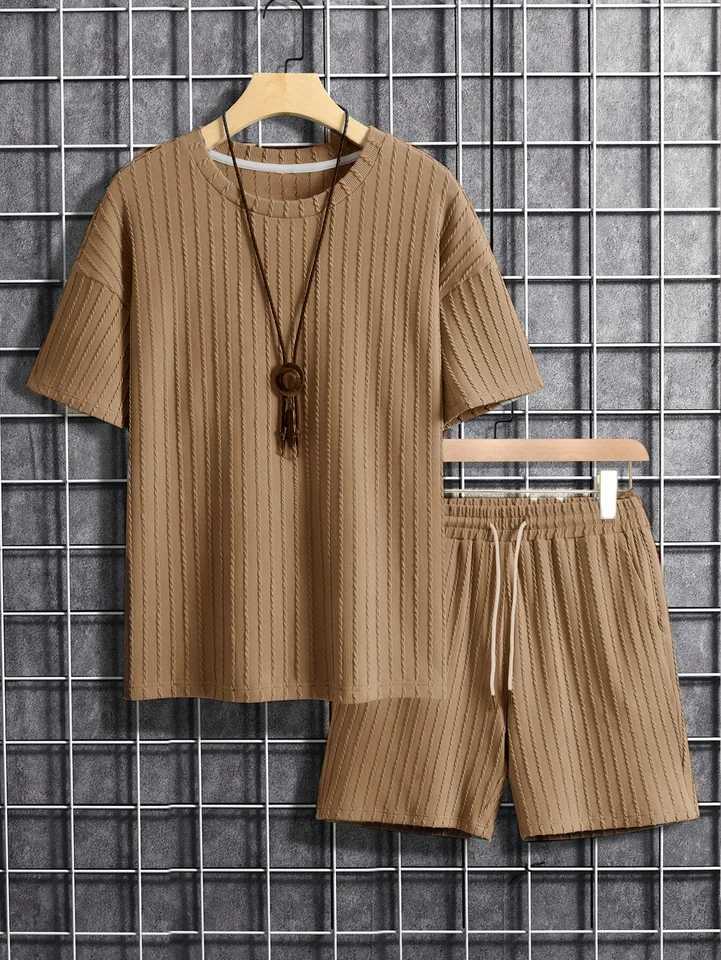 Mens two-piece set fashion striped solid short sleeved T-shirt mens spring and summer clothing casual gym set streetwearXJ250326