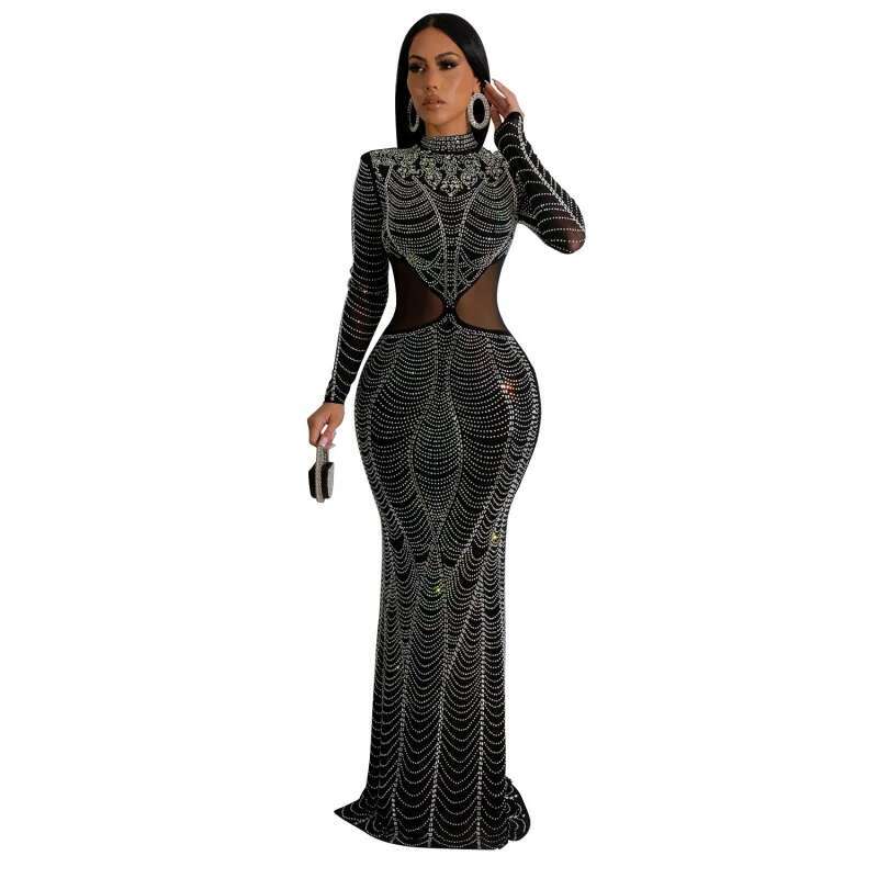 Dongdumaoyi Mode Dames Effen Kleur Mesh Strass Lange Jurk C