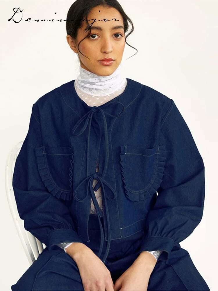 Fashion Pleated Pockets Denim Coat Women O-Neck Lace Up Long Sleeved Blue Top Female Spring Elegant Casual Lady Streetwears