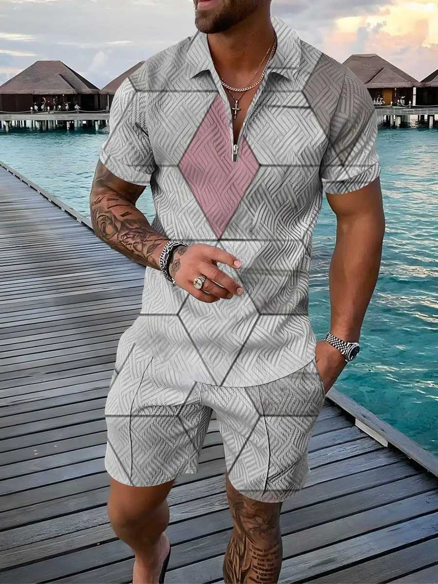 Color Gradient 2-piece Golf Summer Fashion Mens Polo Shirt Short Sleeve+Shorts Set Casual Beach SetXJ250326