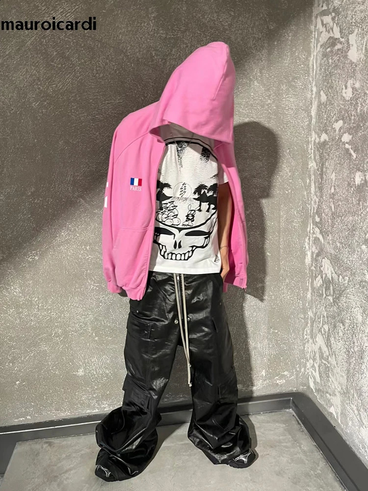 Mauroicardi Spring Autumn Cool Black Shiny Reflective Pu Leather Wide Leg Pants for Men Drawstring Waist Mens er Clothes 250317