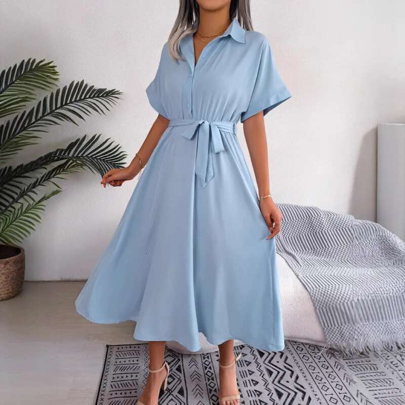 Dongdumaoyi Zomer Casual Losse Effen Kleur Stropdas Shirtjurk Lange Jurk C