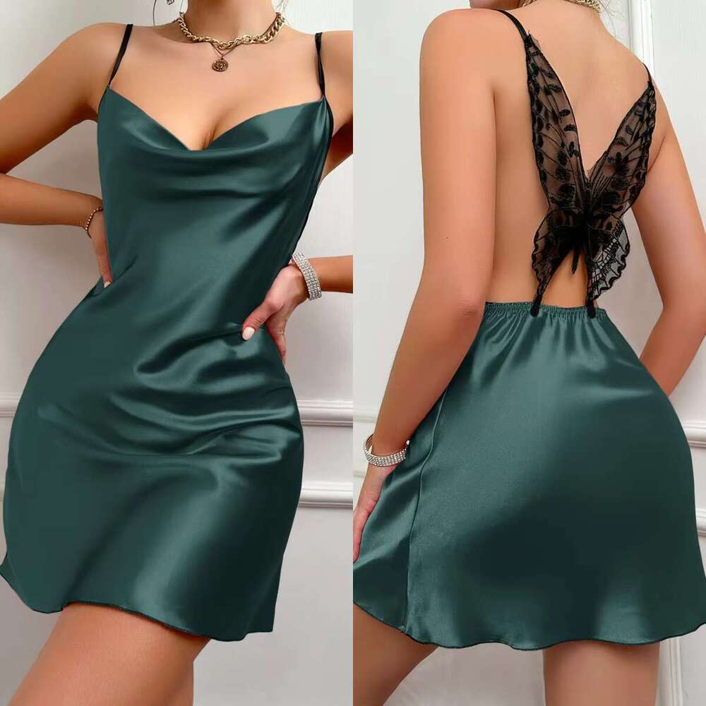 Sfy-Y5016 Nightdress Women's Satin Silk Erotic Pamas Backless Butterfly Embroidery Nightgown Sexy Dress