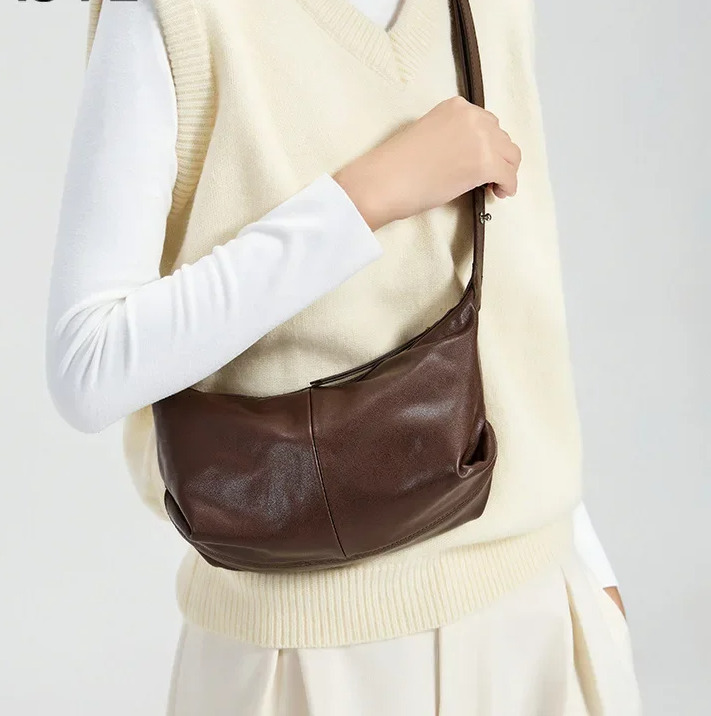 Less Is More Minimalist Style Coffee Color Hobo Tote Vegetable Tanned Cow Leather Women Shoulder Bag Adjustable Handle Handbag