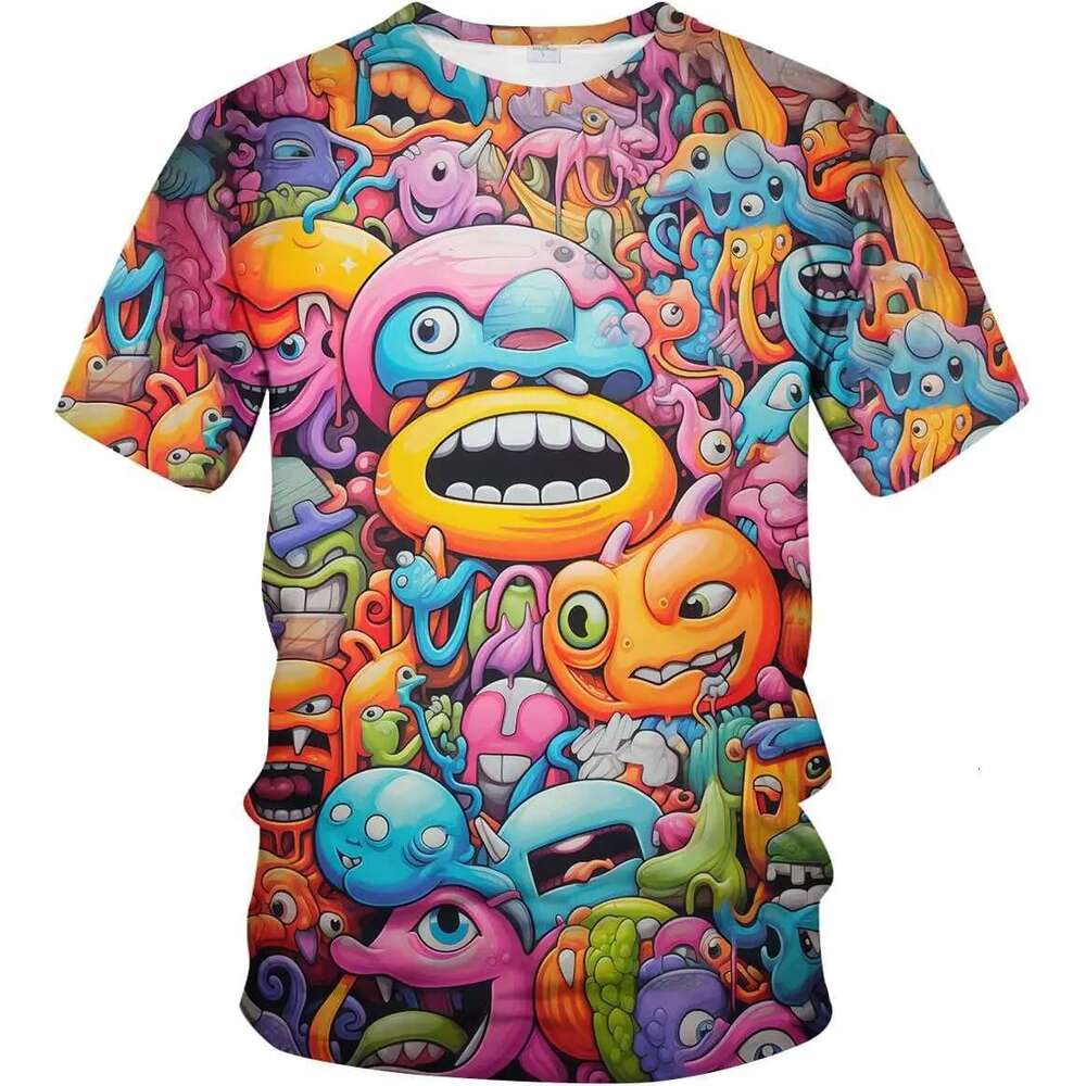 Men s and women D Trippy graffiti animation graphic T shirt short sleeved round neck