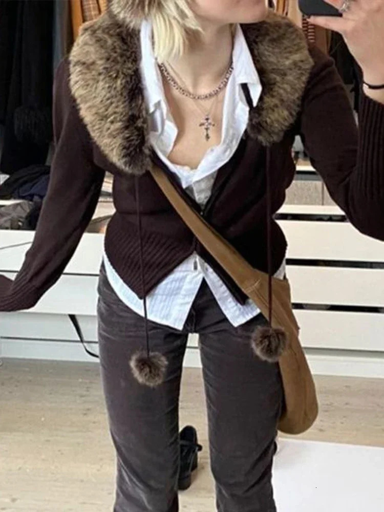 Y2K Grunge Fur Knitted Jackets Double Zipper Vintage Cropped Coat Women Harajuku Aesthetic Cute Chic Jumpers Korean Outfits 250322