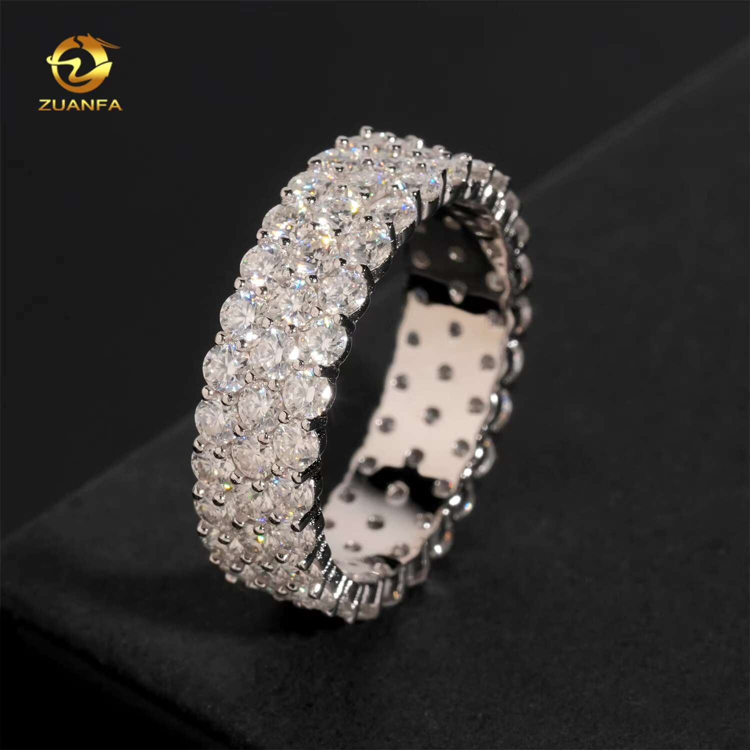 3rows Round Moissanite Band Ring 925 Silver Gold Plated Luxury Hip Hop Style Mens Rings
