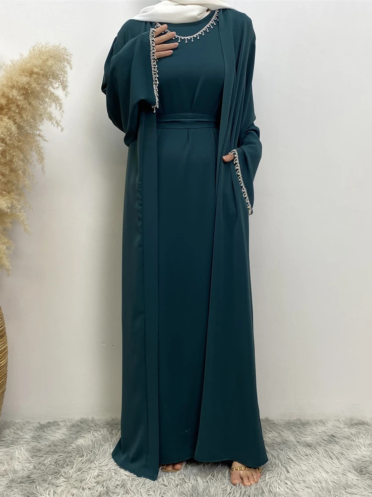Muslim Abaya Womens 2pieceS etf orE ida lF itrf eaturingd iamondsa ndk imonoOp enco llarop 250326