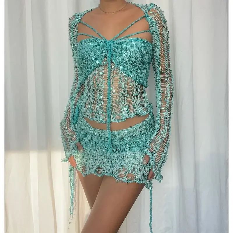 Sexy sequin knitted hollow two-piece set womens long sleeved cut top mini skirt fashionable womens clothing 250326