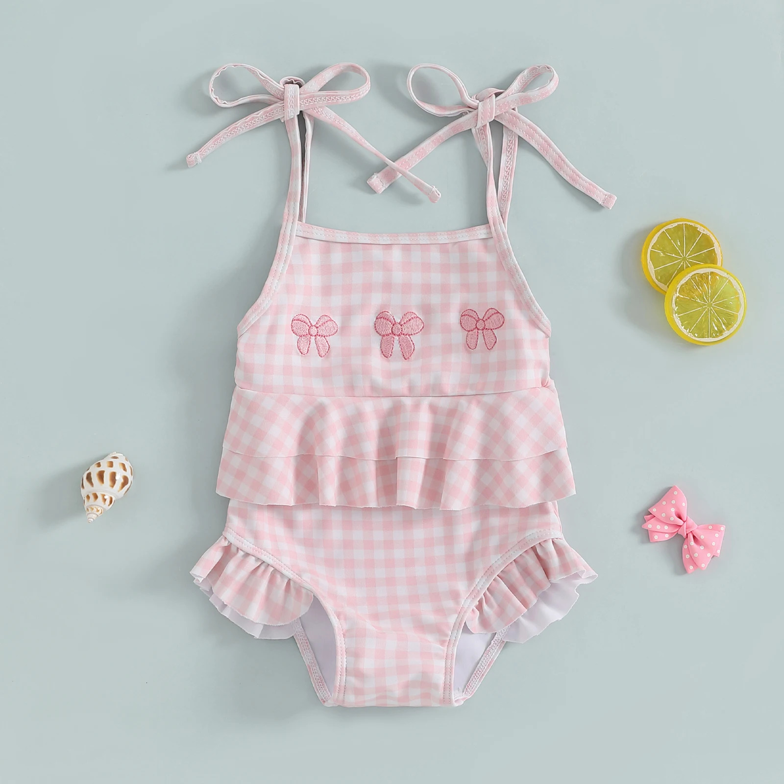 MISOWMNJOY Baby Strap Beachwear for Girls Swimsuit Cute Spaghetti Straps Tie-up Embroidery Bow Plaid Kids Swimming Bathing Suit 250326
