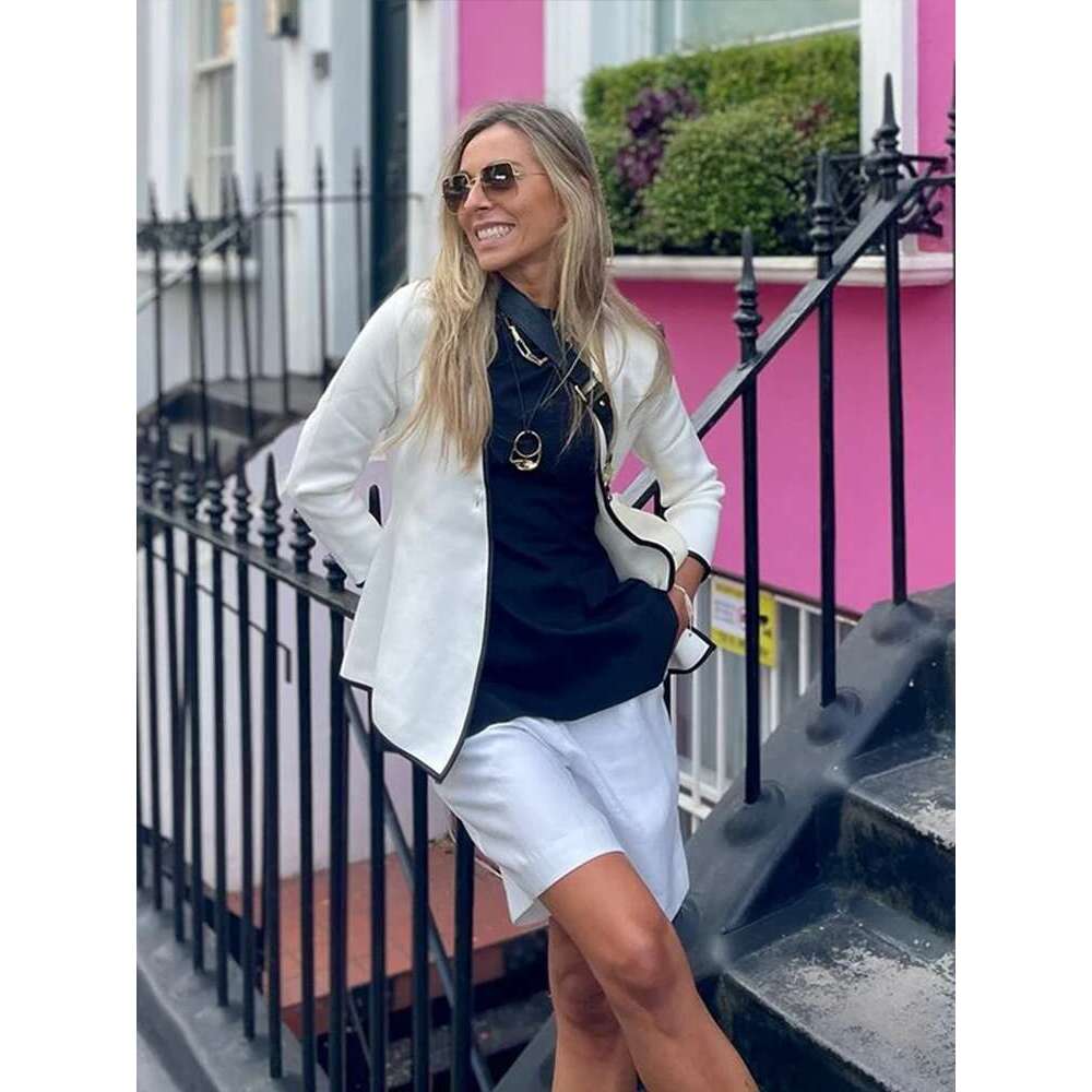 Women's Coat Minimalism One Button Women Jacket Knitted Patchwork Long Sleeve V Neck Outwear Autumn Elegant Elastic Slim Cardigan