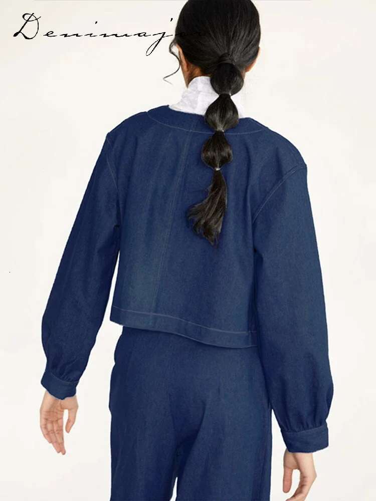 Fashion Pleated Pockets Denim Coat Women O-Neck Lace Up Long Sleeved Blue Top Female Spring Elegant Casual Lady Streetwears