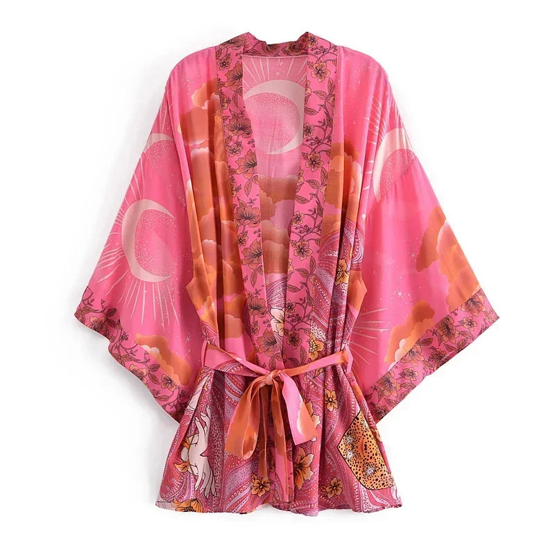 Happy Queens Retro Star and Moon Flower Printed Belt Womens Bohemian Vneck Bat Sleeves Short Skirt Kimono 250326