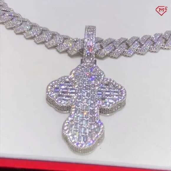 Hip Hop Cross Charm Baguette Cut VVS S Moissanite Cuban Chain With Pendant