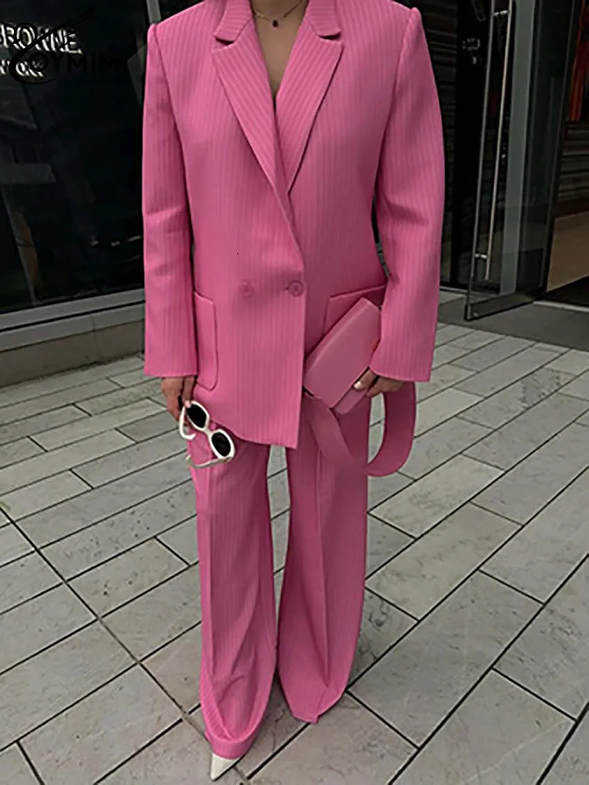 Oymimi Elegant Pink Printed Womens Two Piece Fashion Long Sleeve Pocket Button Jacket and Straight Trouser Set 250326