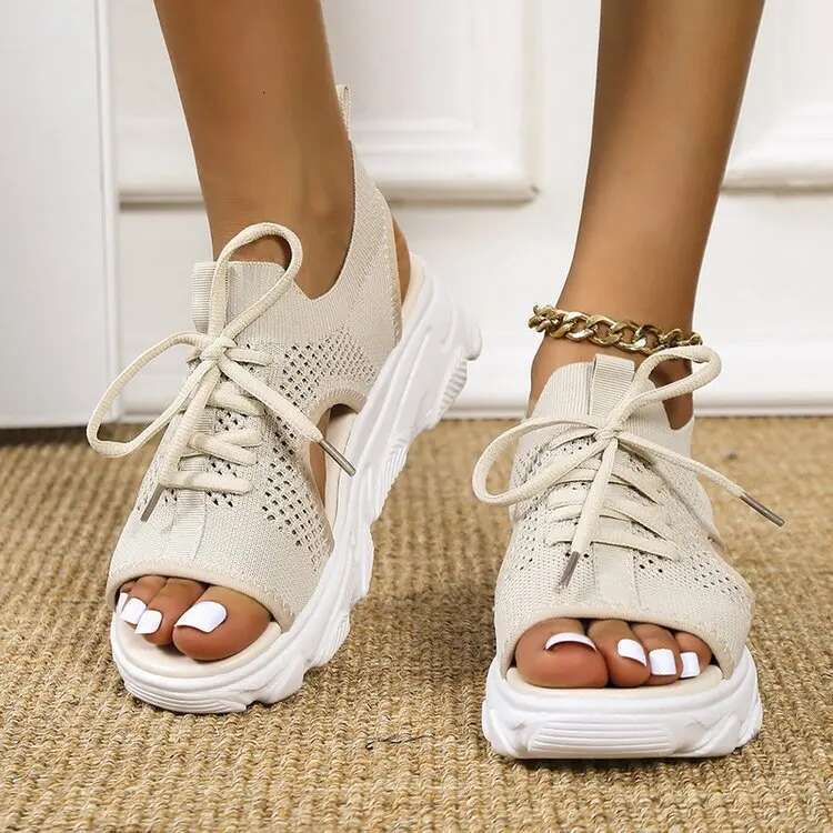 Womens Comfortable Knitted Platform Sandals Peep Toe Lace-Up Design - Versatile Casual Sgback Shoes for Sporty Style