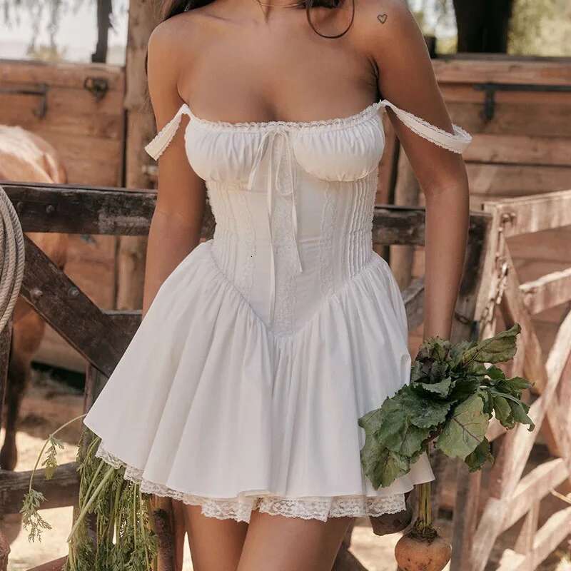 Summer Sleeveless 2025 New Fashion Bandage Party White Lace Cotton Loose Streetwear Print High Waist Sexy Dress F00068