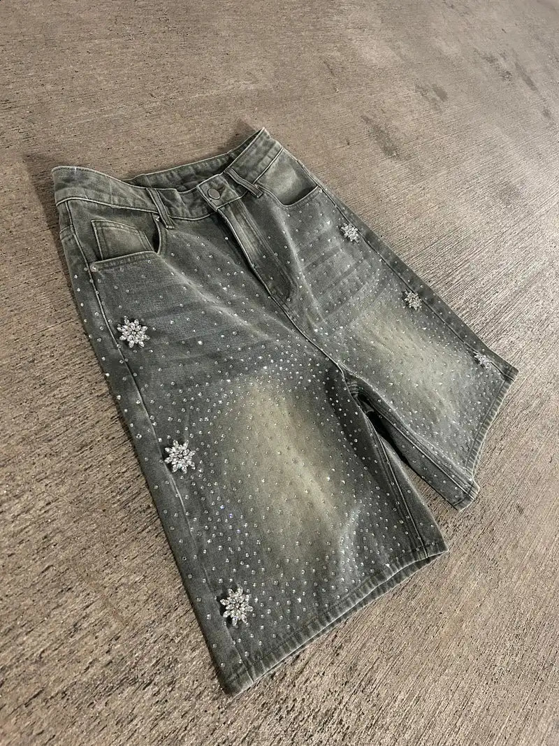 Summer Y2K retro washed blue Astro Jorts American Rhinestone fashion hip-hop denim shorts mens backpacks gym shorts streetwear 250327