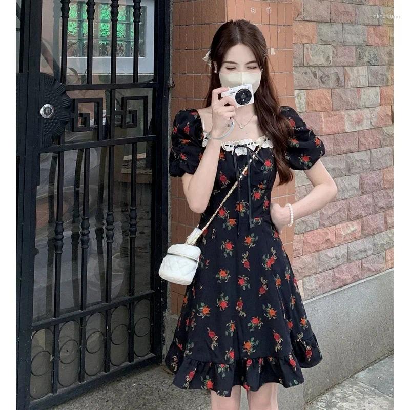 Plus Size Dresses Summer French Style Square Collar Splice Bubble Short Sleeve Slimming Length Chiffon Dress Wome...