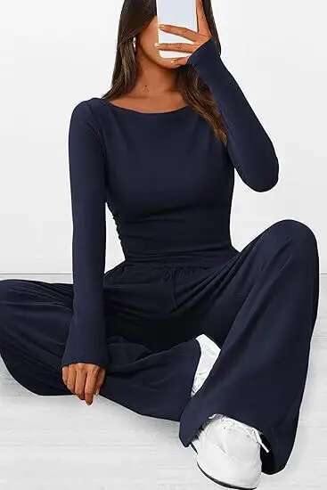 Dongdumaoyi Dames Lente Tweedelige Casual Outfit Asymmetrische T Shirt Met Lange Mouwen Wijde Pijpen Broek Jurken WD